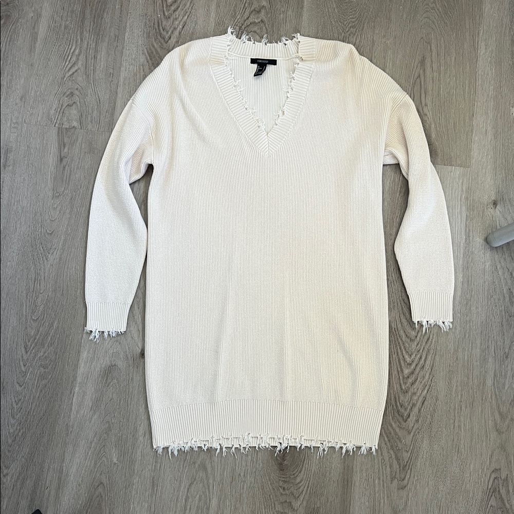 Forever 21 Cream Frayed Knit Sweater